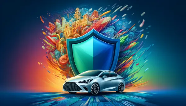 Una ilustración estilizada de un auto moderno bajo un escudo protector geométrico y colorido