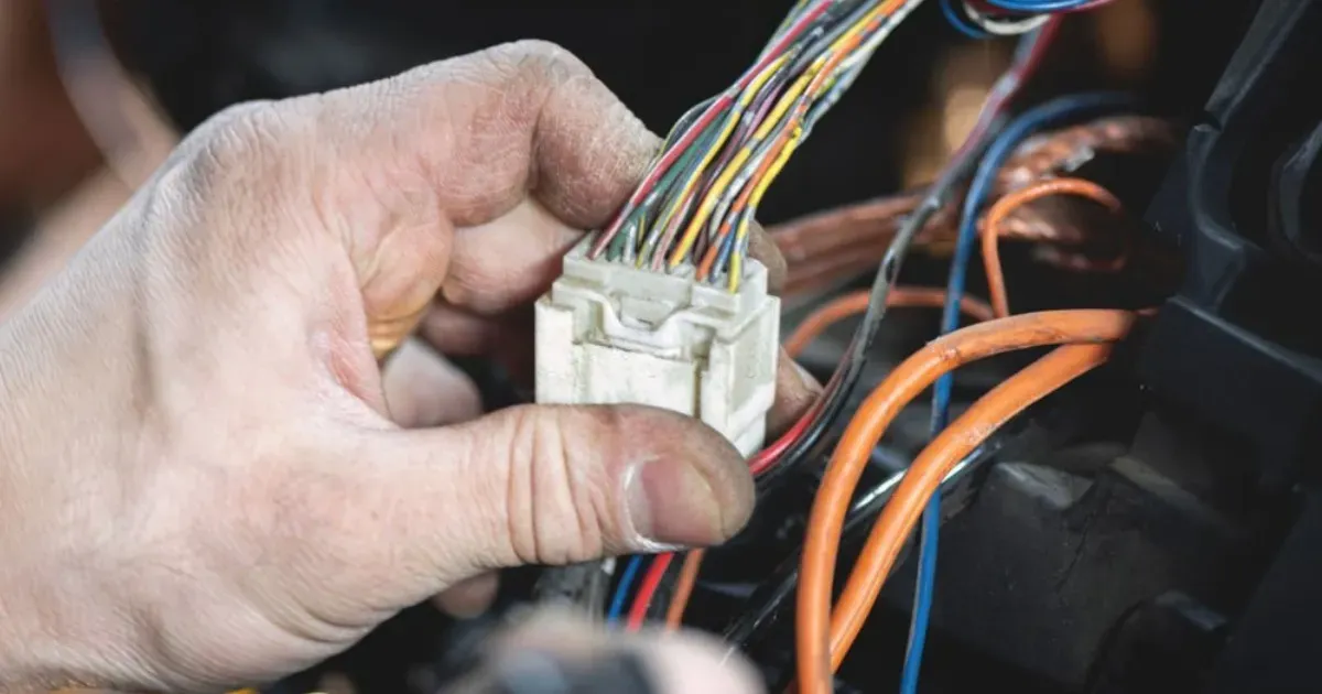 Mano sosteniendo cableado del sistema eléctrico de un auto 