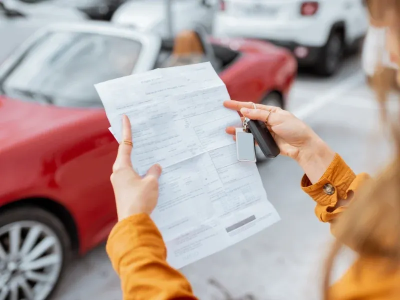 Persona con documentos en la mano y auto rojo de fondo