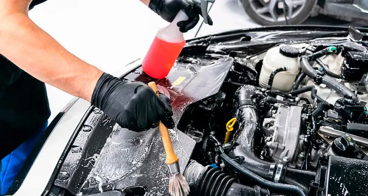 Mano sosteniendo brocha y envase con liquido limpiando auto