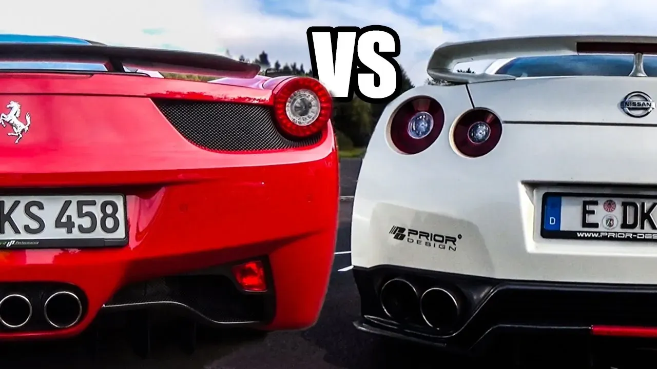 Parte Trasera Nissan GTR Blanco vs Ferrari 458 Speciale Rojo