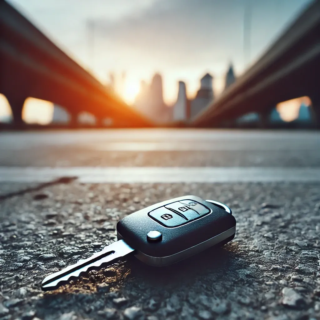 Llave de auto abandonada en un estacionamiento vacío, simbolizando la pérdida del vehículo