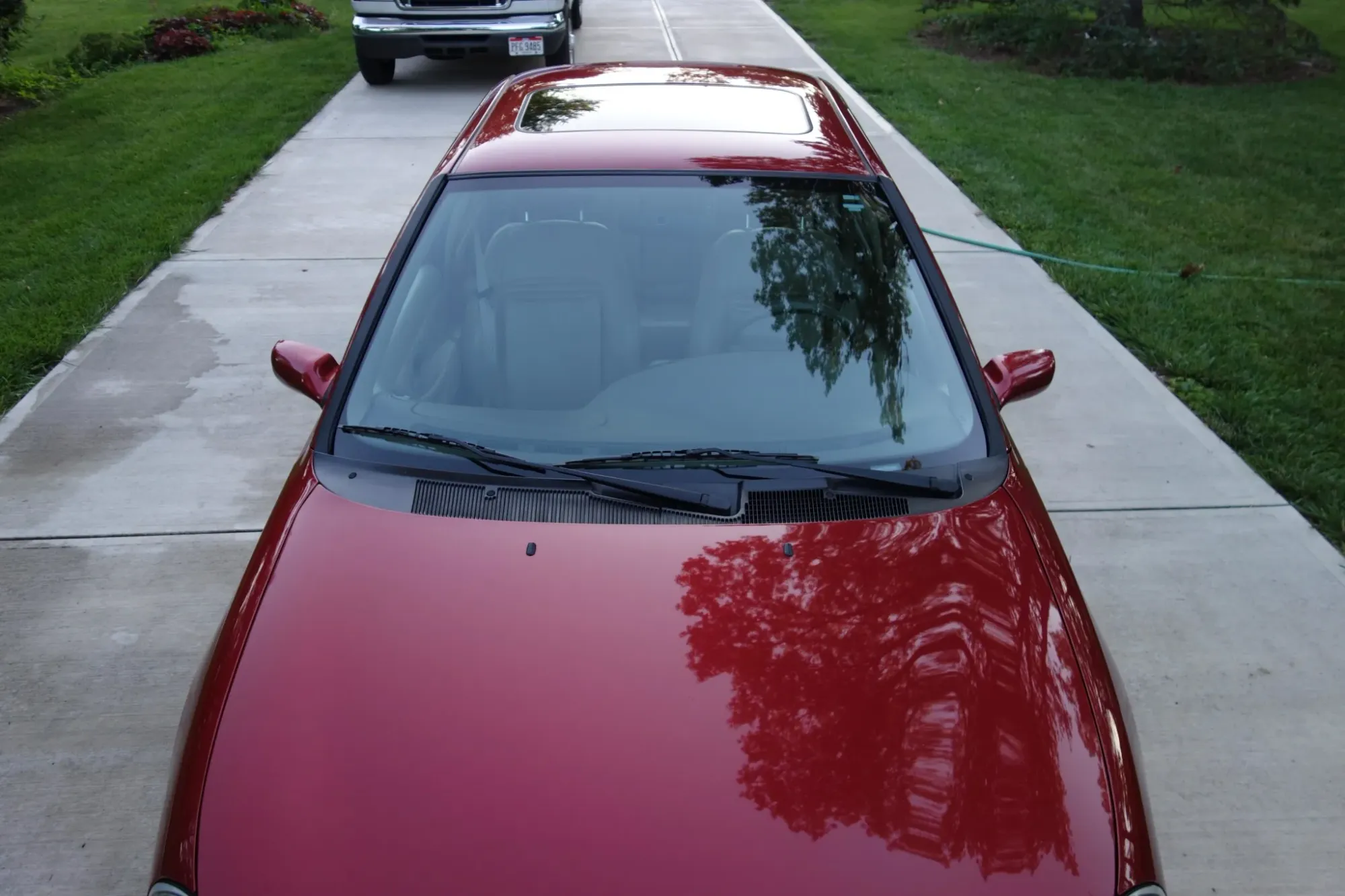 Parte superior del Ford Contour SVT 1999 color rojo enfocando techo corredizo