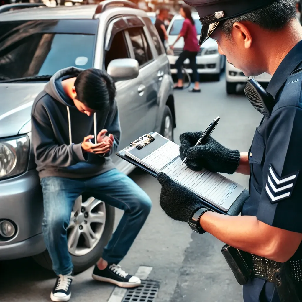 Oficial de policía escribiendo un reporte mientras habla con una persona que reporta el robo de su auto.