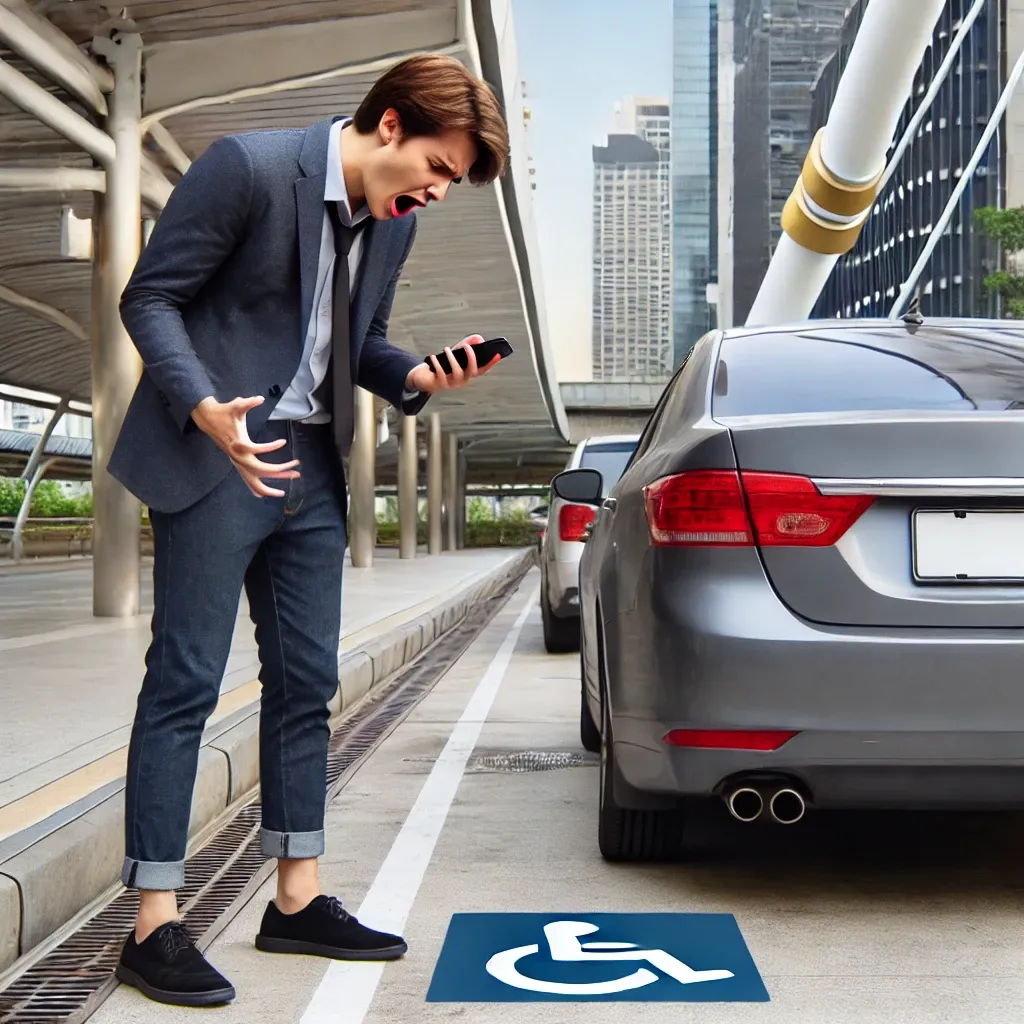 Persona angustiada mirando el lugar vacío donde estaba su auto, con su teléfono en la mano, en una ciudad.