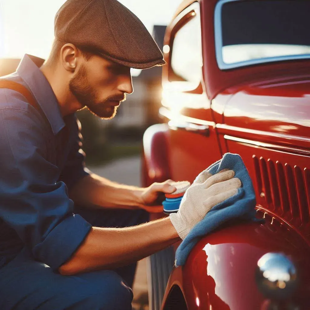 Una persona puliendo un auto