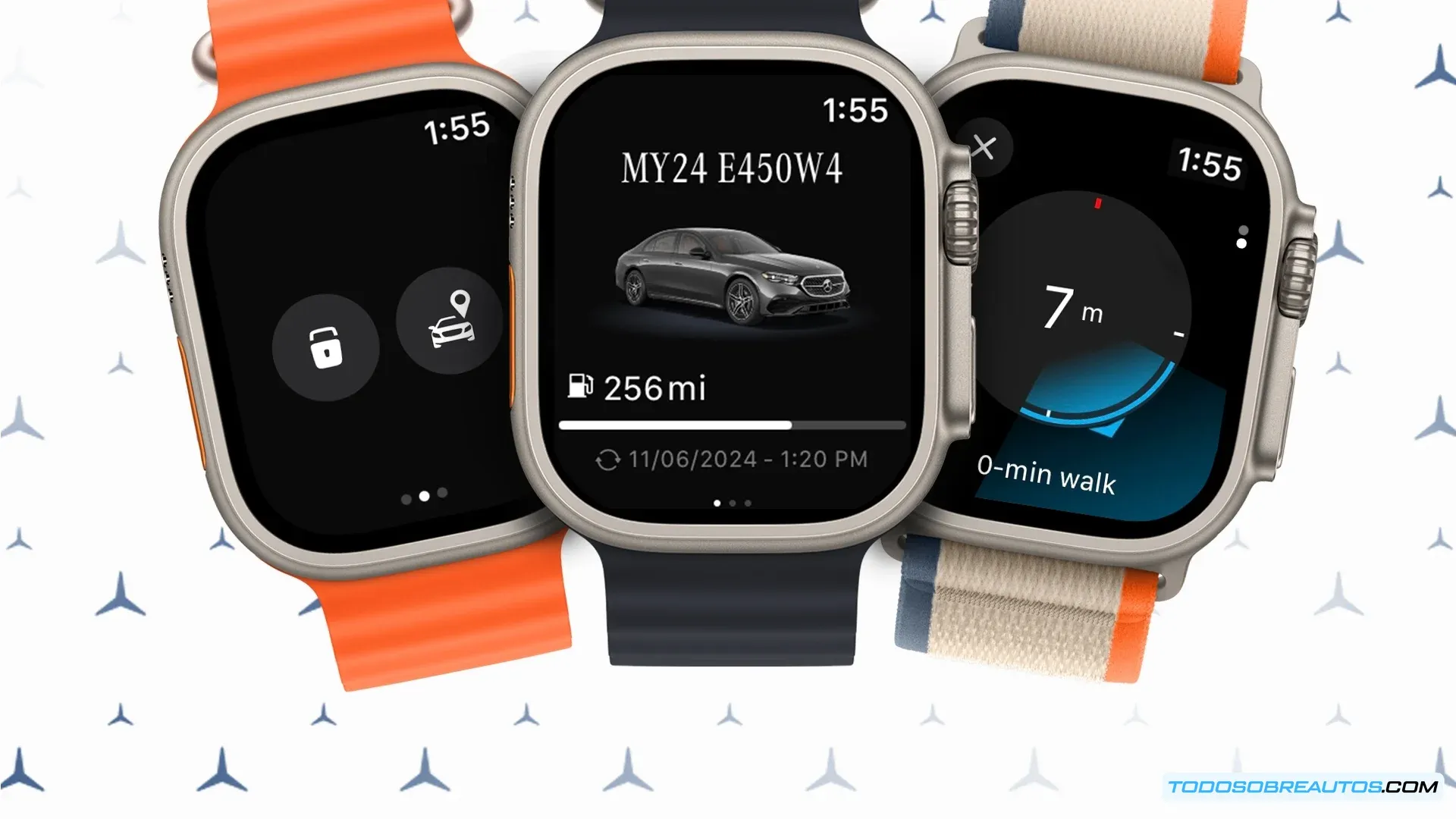 Imagen de la aplicación Mercedes-Benz en un Apple Watch mostrando sus funcionalidades principales.