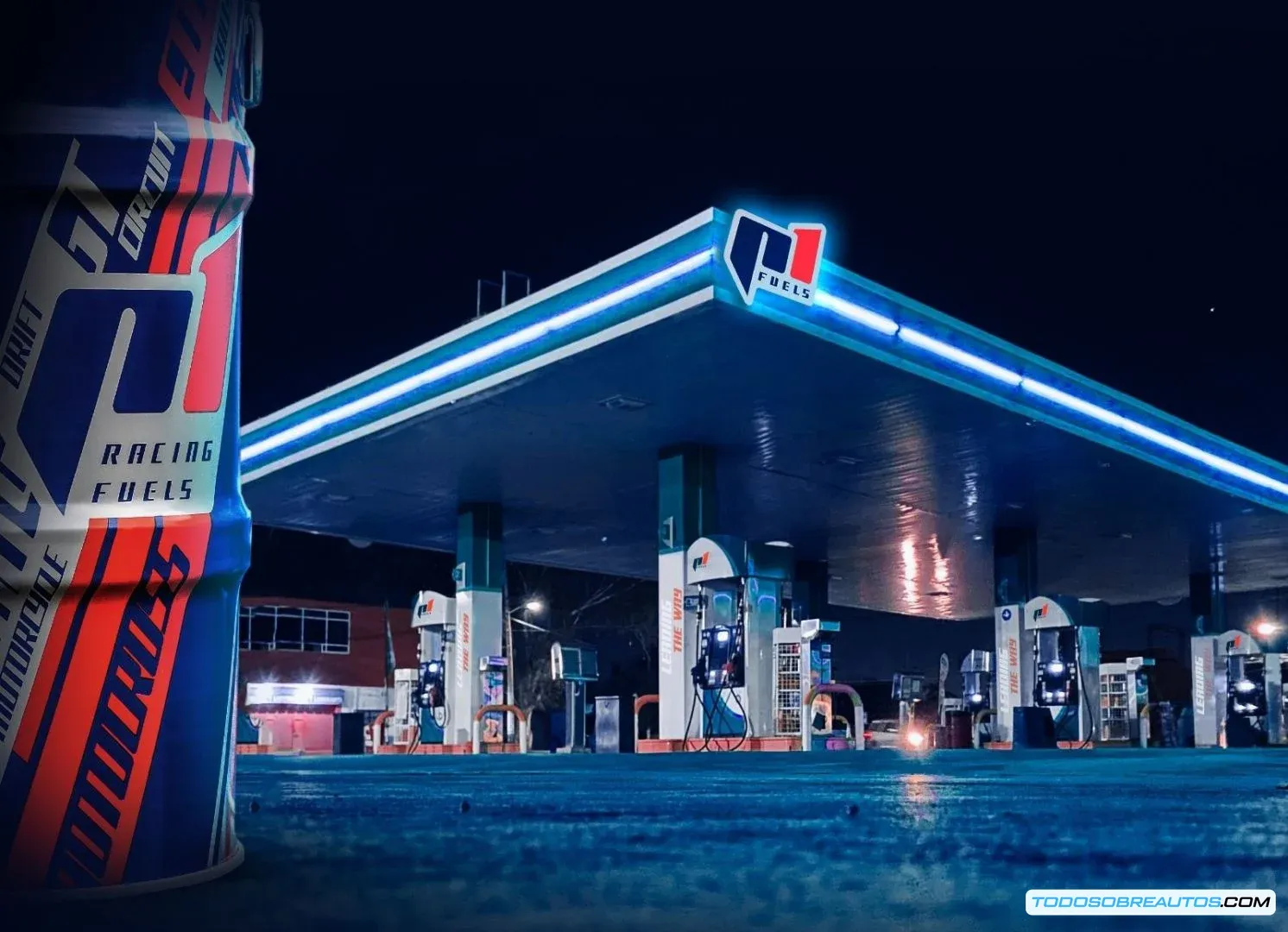 Imagen de una estación de servicio de P1 Fuels, mostrando su branding y la promesa de combustibles sintéticos sostenibles.