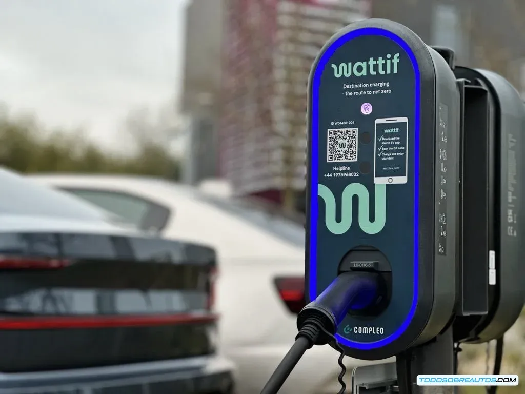 Imagen de un vehículo eléctrico cargando en un estacionamiento de un centro comercial o edificio de oficinas, ilustrando el concepto de carga de destino de Wattif EV.