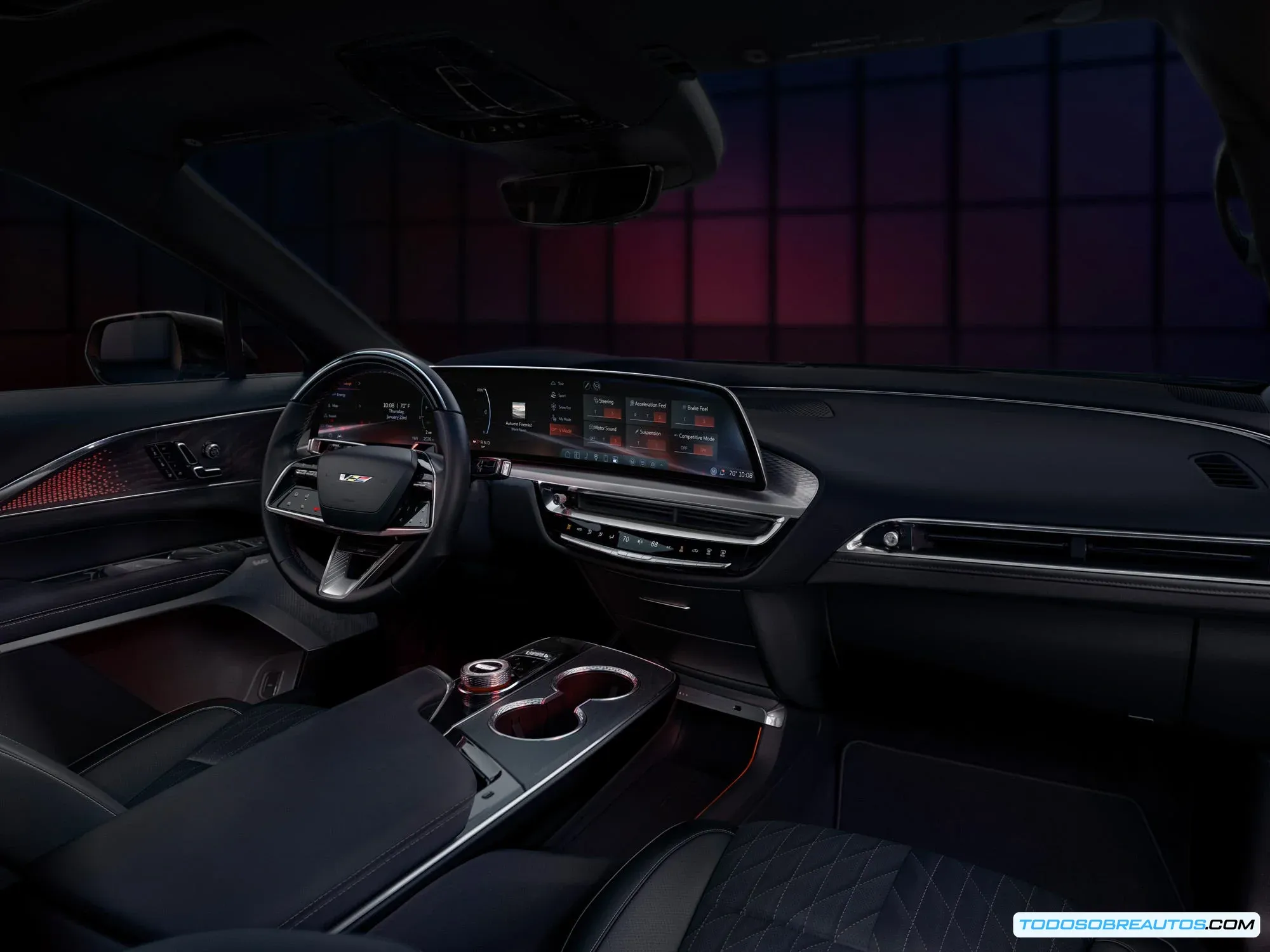 Imagen del interior del Cadillac Lyriq-V 2026 mostrando su tablero y tecnología.