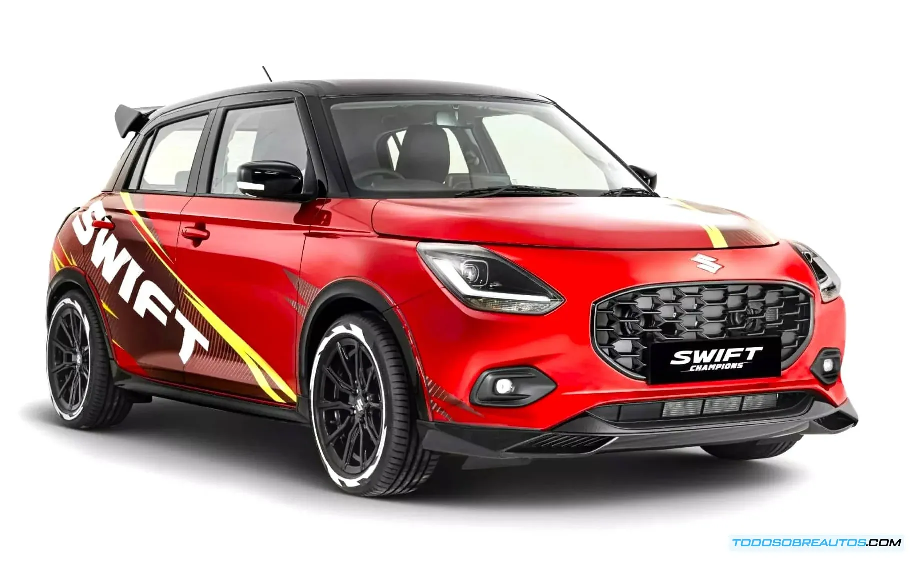 Primer plano o detalle del Suzuki Swift Champions Concept, mostrando el alerón trasero, deflectores, llantas y otros elementos deportivos.