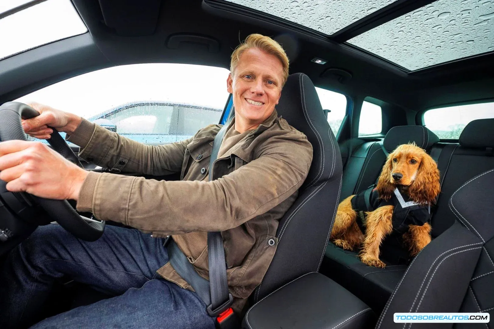 Un perro relajado y feliz en un coche eléctrico.