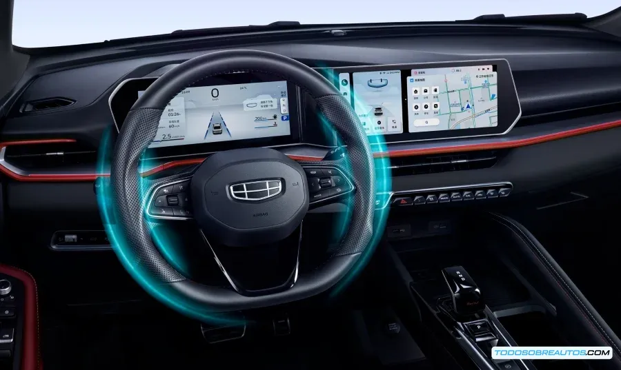 Imagen de un volante de un vehículo Geely, mostrando detalles de diseño e integrando sutilmente la tecnología.