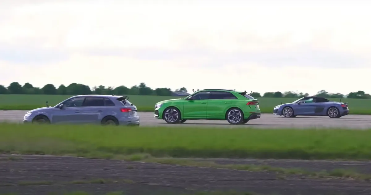 Audi RS3 vs RS Q8 vs R8 V10: ¡La Batalla de los Gigantes en una Prueba de Velocidad! ⚡️