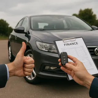 La imagen es una fotografía realista que representa una escena típica del proceso de compra, venta y financiamiento de un automóvil.
