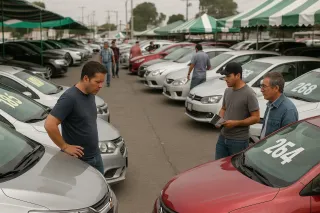 Tianguis de autos en México 2025 con compradores revisando coches usados en venta al aire libre