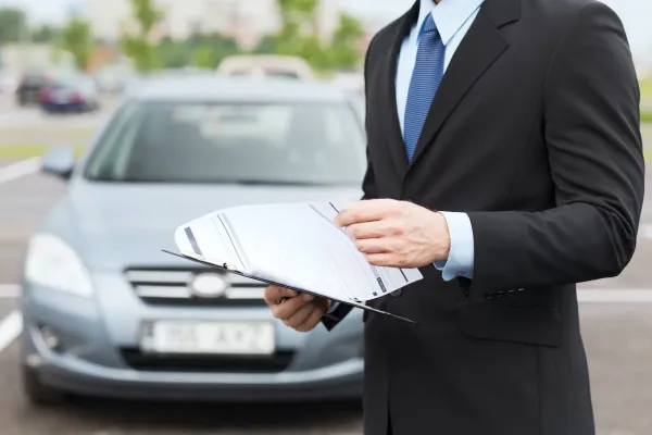 Persona sosteniendo papeles y de fondo un auto sedan azul claro