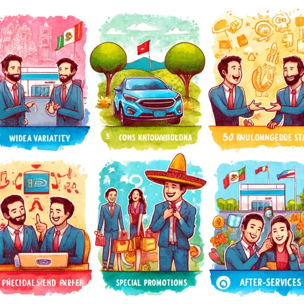 Ilustración destacando cinco características únicas de los concesionarios de autos en México