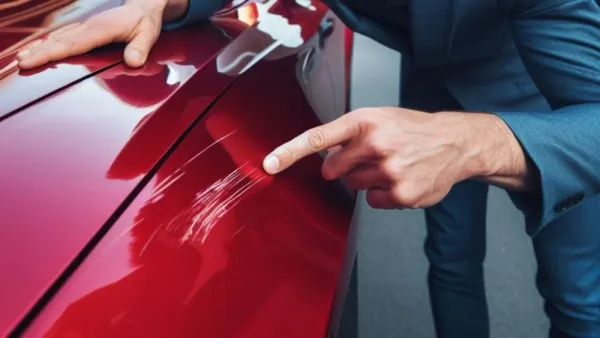 Capo de auto rojo con rayones y un mano señalandolos