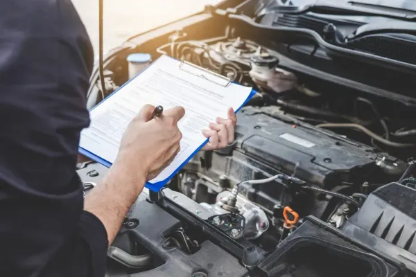 Manos sosteniendo bolígrafo y de fondo parte mecanica de un auto