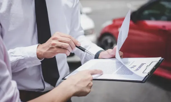 Personas sosteniendo y señalando un papel y de fondo un auto rojo